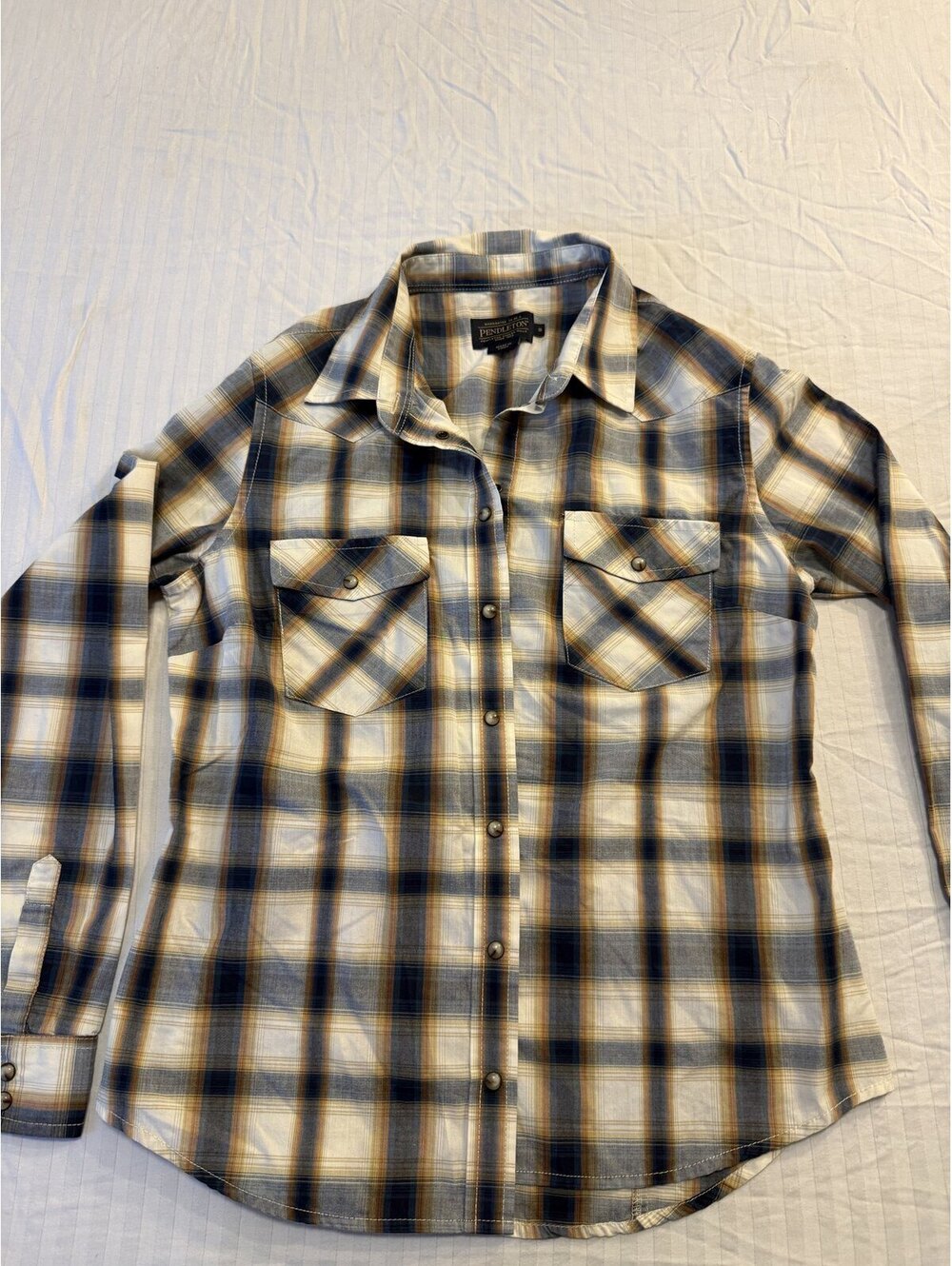 Pendleton Western Snap Front Plaid Shirt Women's S Blue Tan Cream